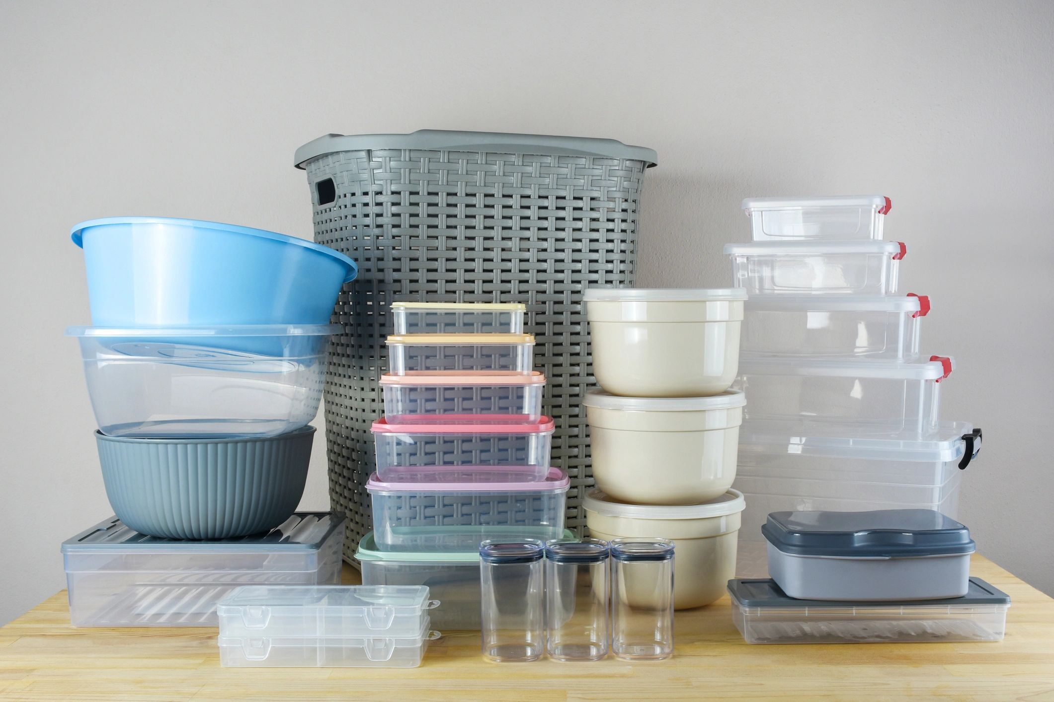 Stacked household plastic storage containers