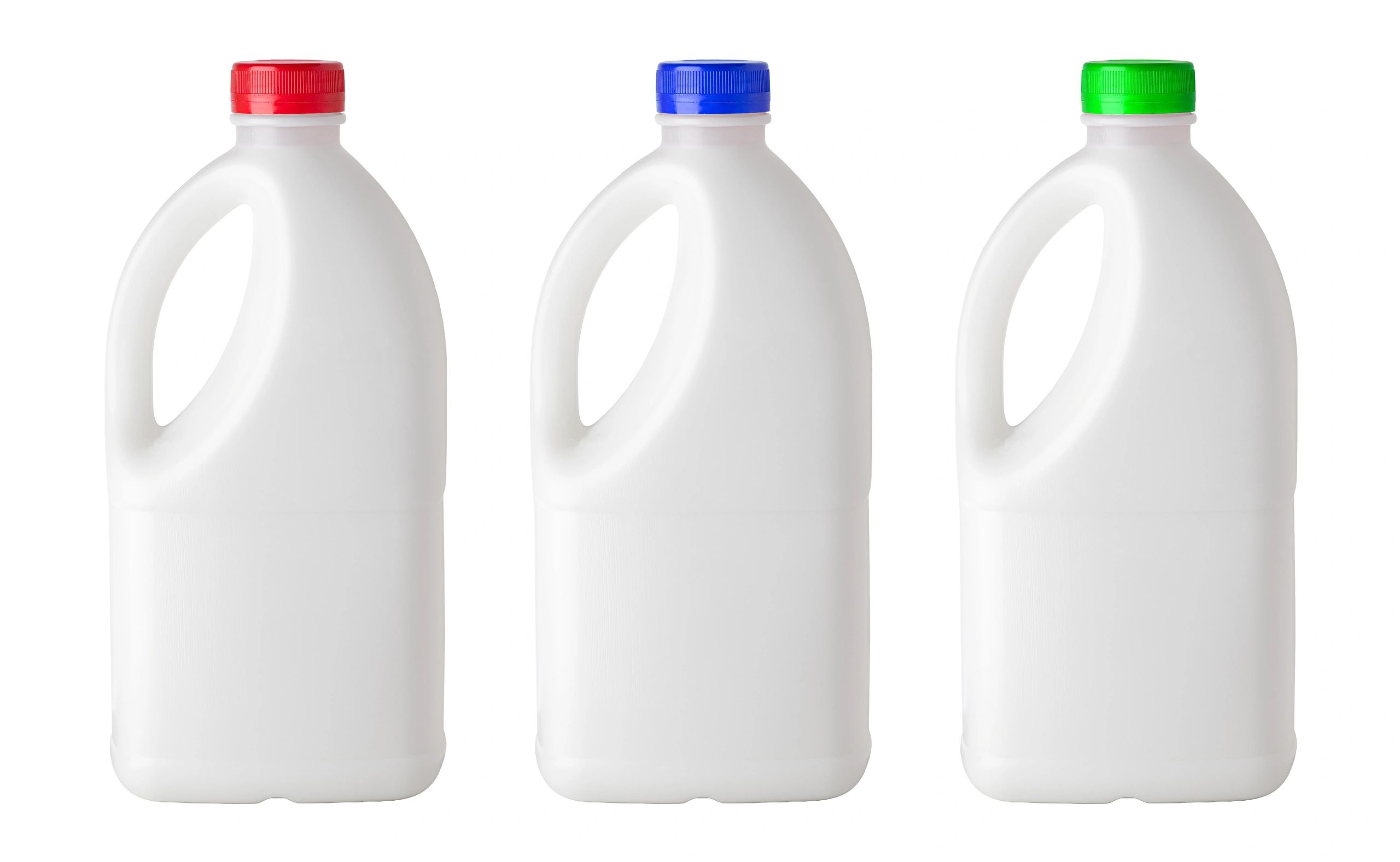 Plastic consumer product jugs with colored caps